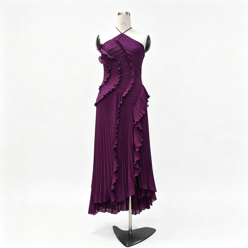 Halter Neck Ruffled Pleated Maxi Dress, Dark Purple Asymmetrical Hem Party Evening Dress