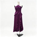 Halter Neck Ruffled Pleated Maxi Dress, Dark Purple Asymmetrical Hem Party Evening Dress
