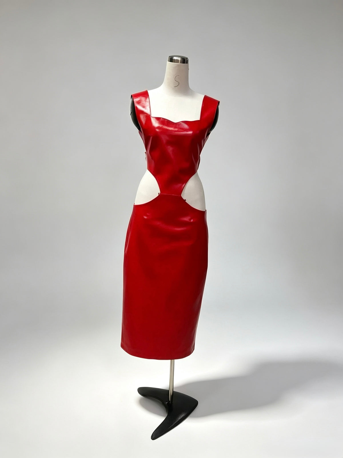 Red Faux Leather Cutout Midi Dress, Back Metal Ring Bodycon Party Dress