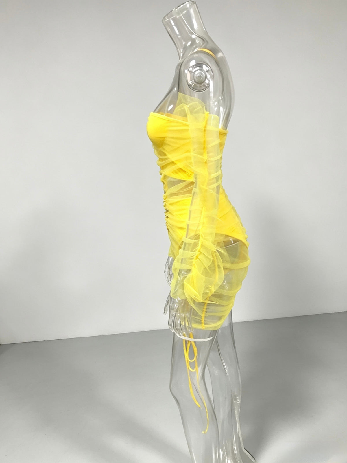 Off‑Shoulder Ruched Mesh Two‑Piece Mini Set, Bright Yellow Night Club Party Outfit