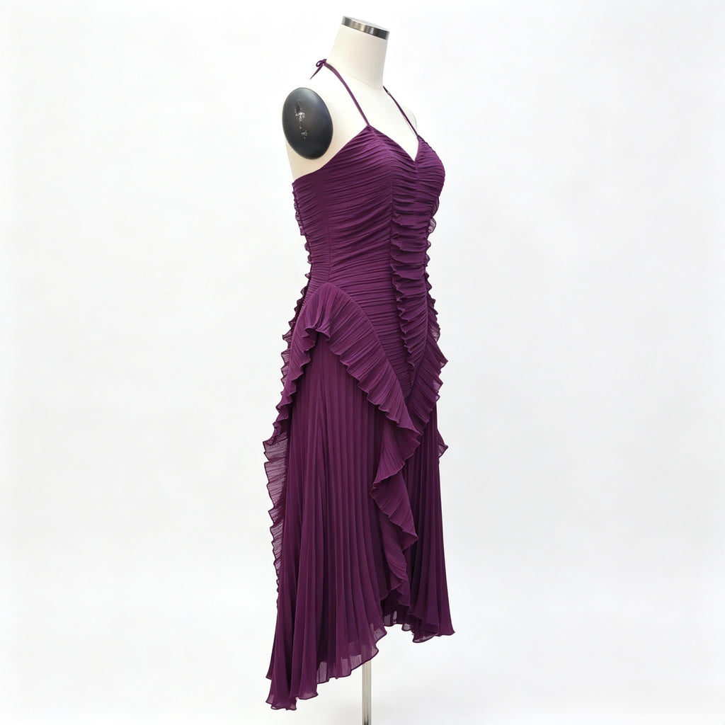 Halter Neck Ruffled Pleated Maxi Dress, Dark Purple Asymmetrical Hem Party Evening Dress