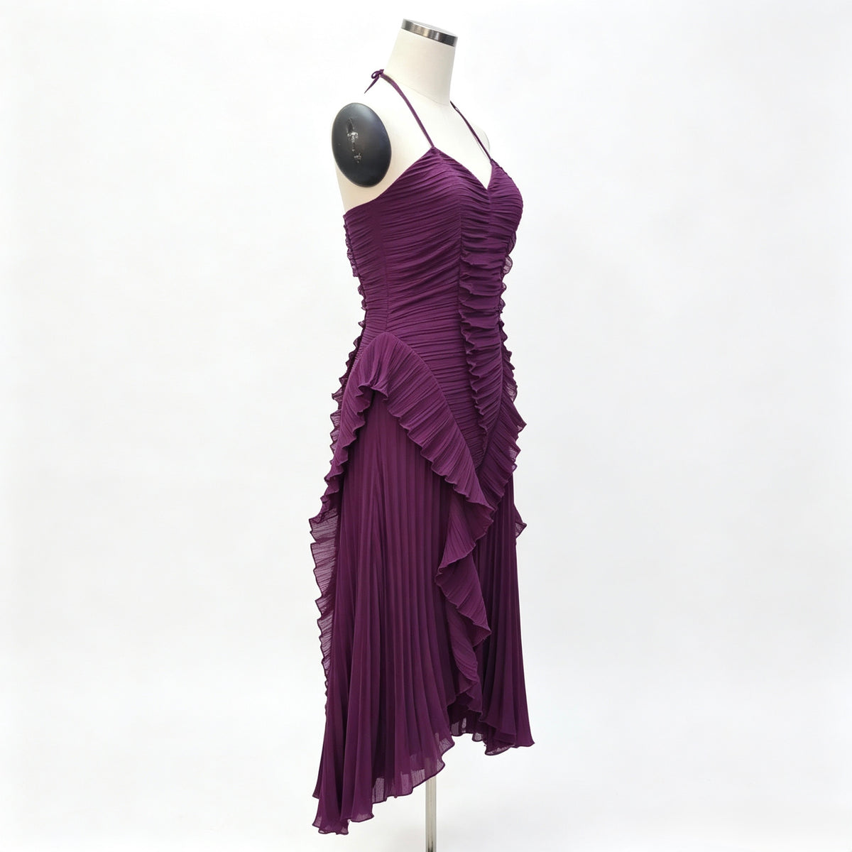Halter Neck Ruffled Pleated Maxi Dress, Dark Purple Asymmetrical Hem Party Evening Dress