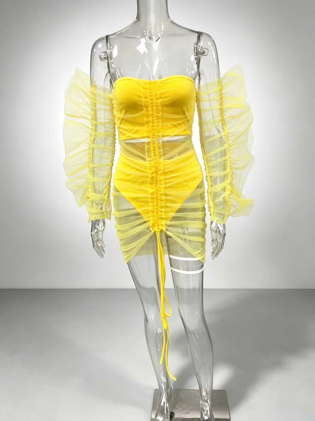 Off‑Shoulder Ruched Mesh Two‑Piece Mini Set, Bright Yellow Night Club Party Outfit
