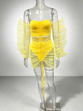 Off‑Shoulder Ruched Mesh Two‑Piece Mini Set, Bright Yellow Night Club Party Outfit