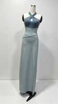 Halter Neck Color Block Maxi Dress, Criss‑Cross Waist Split Evening Gown