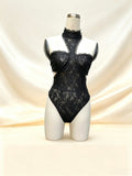 SunsSuliko High Neck Halter Lace Bodysuit, Cut‑Out Sheer Black Lingerie Top