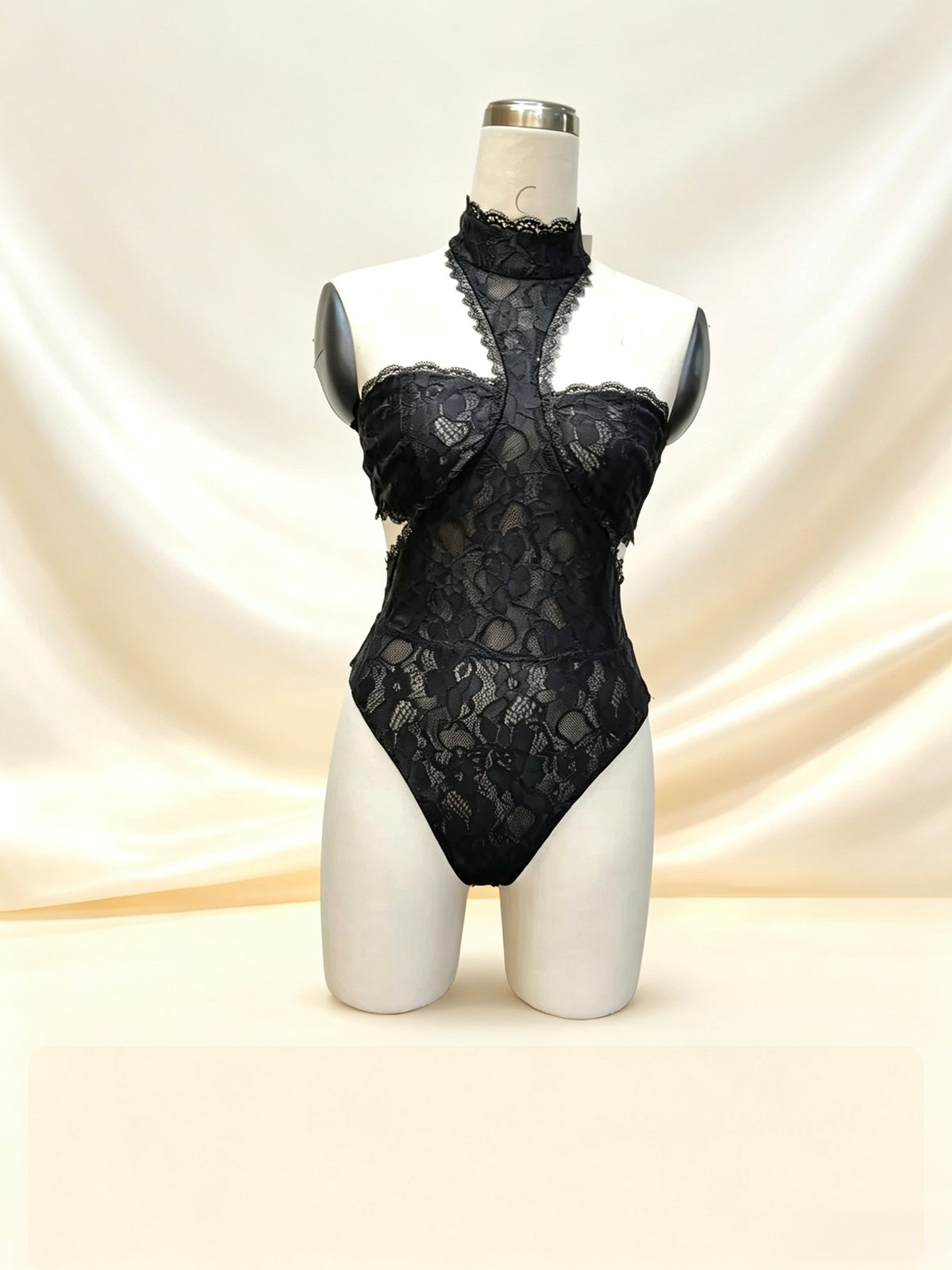 SunsSuliko High Neck Halter Lace Bodysuit, Cut‑Out Sheer Black Lingerie Top