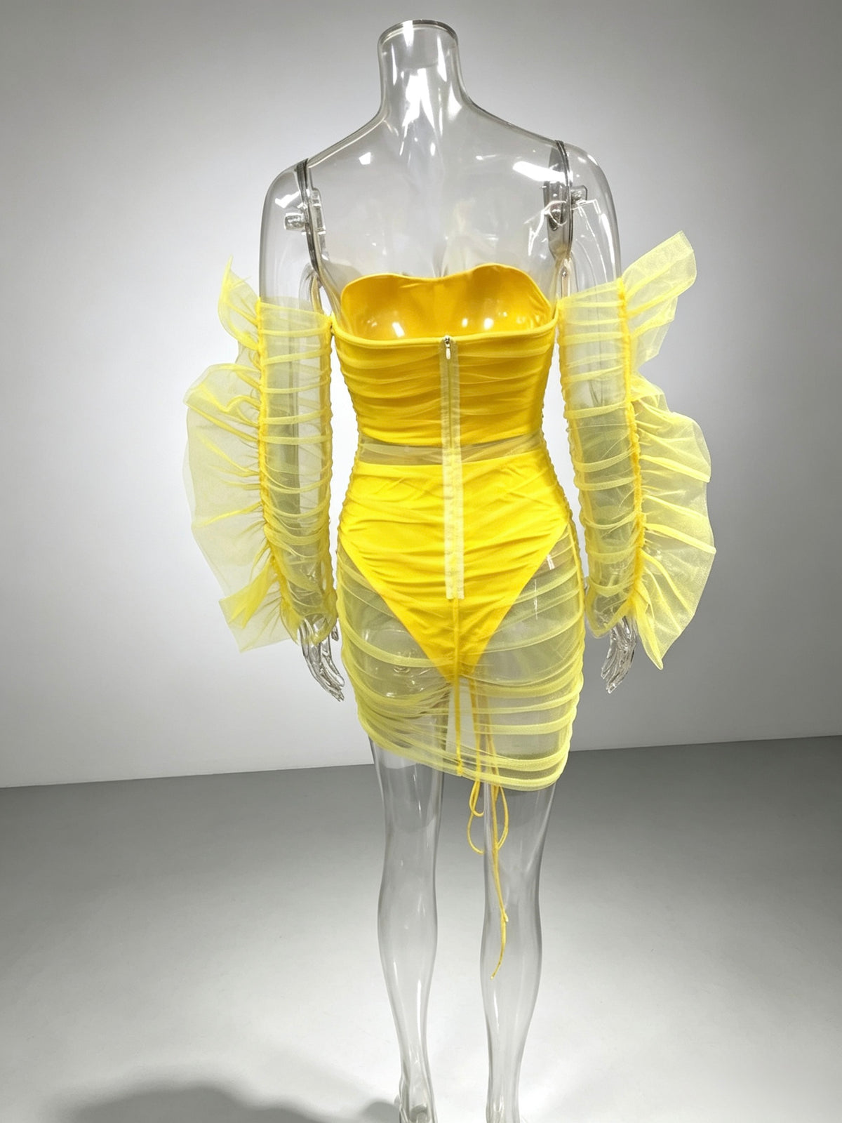 Off‑Shoulder Ruched Mesh Two‑Piece Mini Set, Bright Yellow Night Club Party Outfit