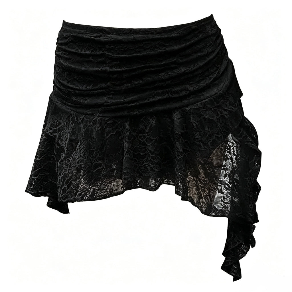 Ruched Waist Lace Mini Skirt, Irregular Ruffled Hem Y2K Short Skirt