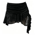 Ruched Waist Lace Mini Skirt, Irregular Ruffled Hem Y2K Short Skirt
