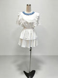 White Ruffled Tiered Dress with Blue Ruffle Collar, Short Sleeve Waist‑Elastic A‑Line Mini Dress