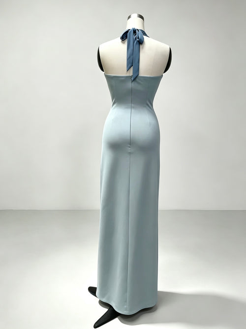 Halter Neck Color Block Maxi Dress, Criss‑Cross Waist Split Evening Gown