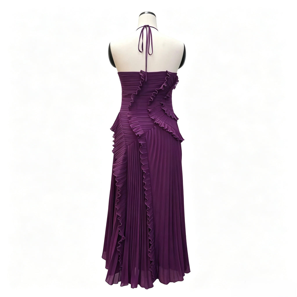 Halter Neck Ruffled Pleated Maxi Dress, Dark Purple Asymmetrical Hem Party Evening Dress