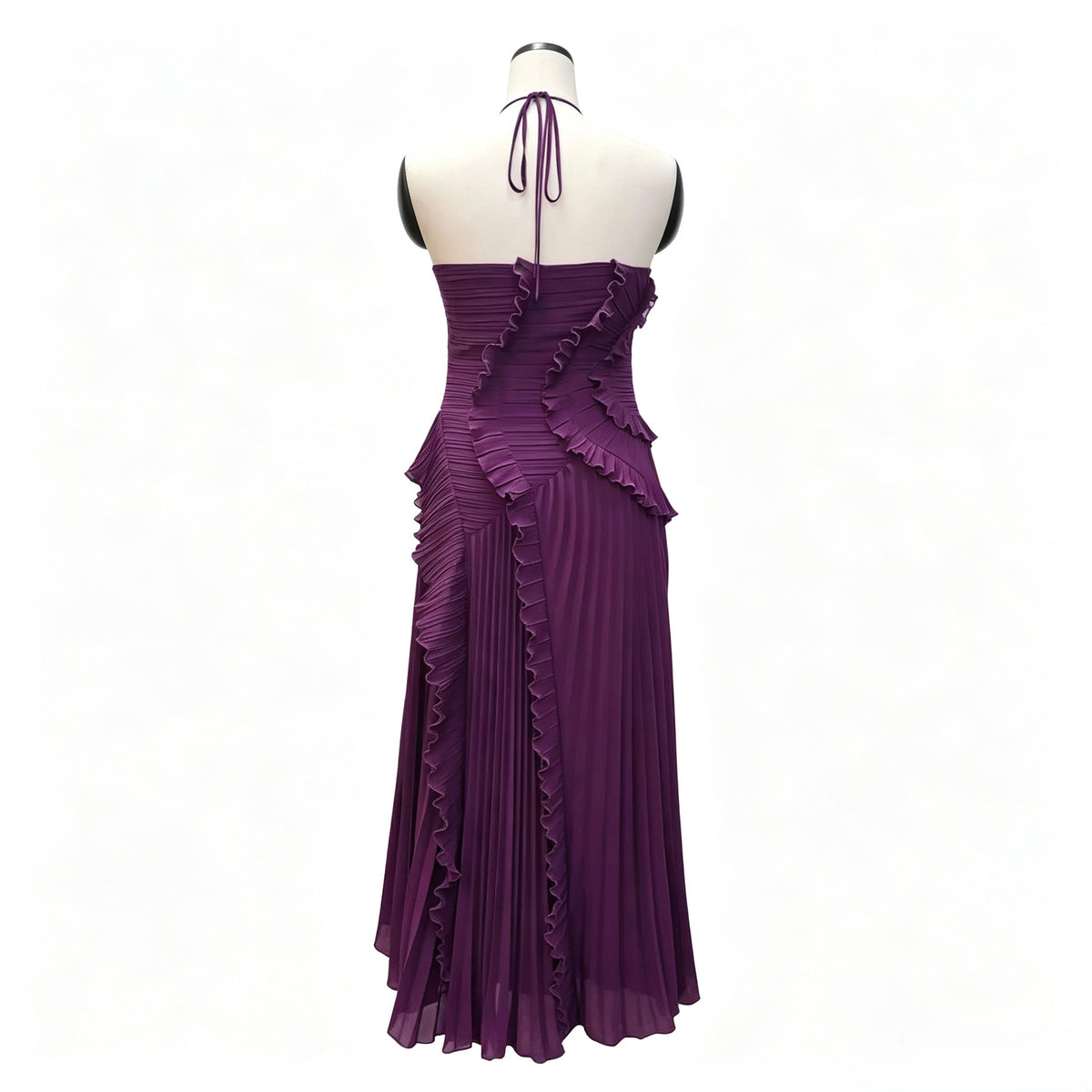 Halter Neck Ruffled Pleated Maxi Dress, Dark Purple Asymmetrical Hem Party Evening Dress