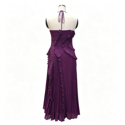 Halter Neck Ruffled Pleated Maxi Dress, Dark Purple Asymmetrical Hem Party Evening Dress