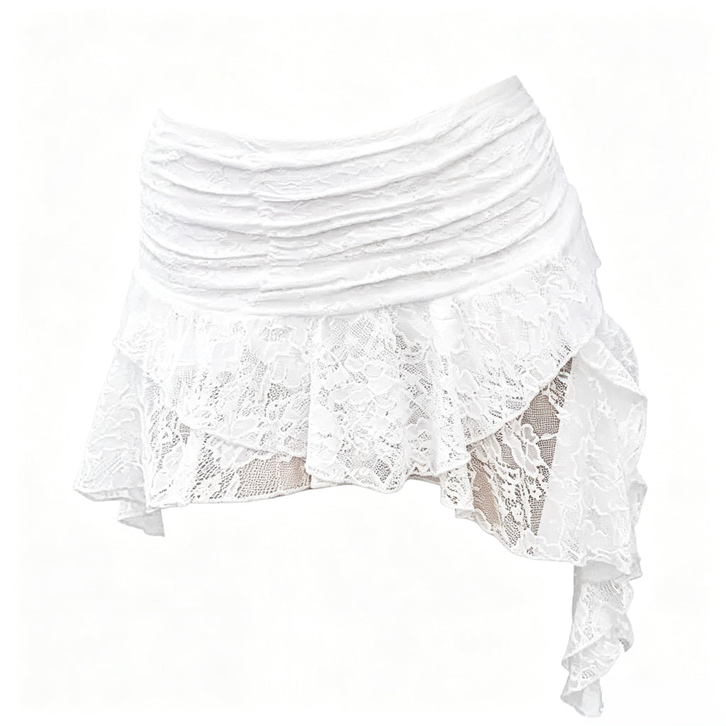 Ruched Waist Lace Mini Skirt, Irregular Ruffled Hem Y2K Short Skirt