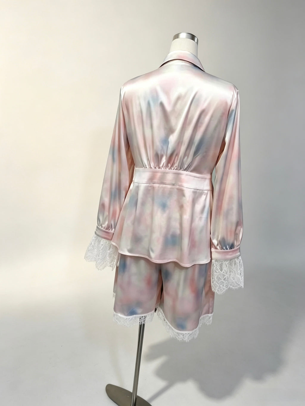 Tie Dye Satin Pajama Set Long Sleeve Lace Trim Shirt & Shorts Women Sleepwear Wholesale