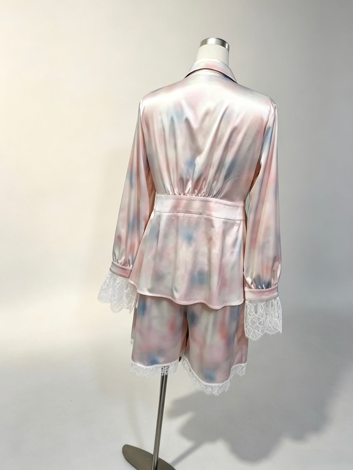 Tie Dye Satin Pajama Set Long Sleeve Lace Trim Shirt & Shorts Women Sleepwear Wholesale