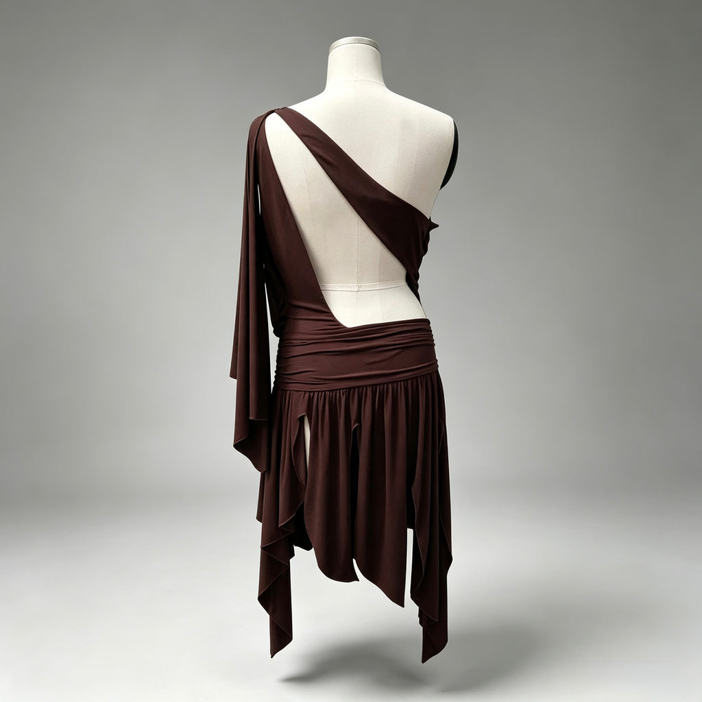 Chocolate Brown One‑Shoulder Backless Irregular Mini Dress, Party Night Out Dress