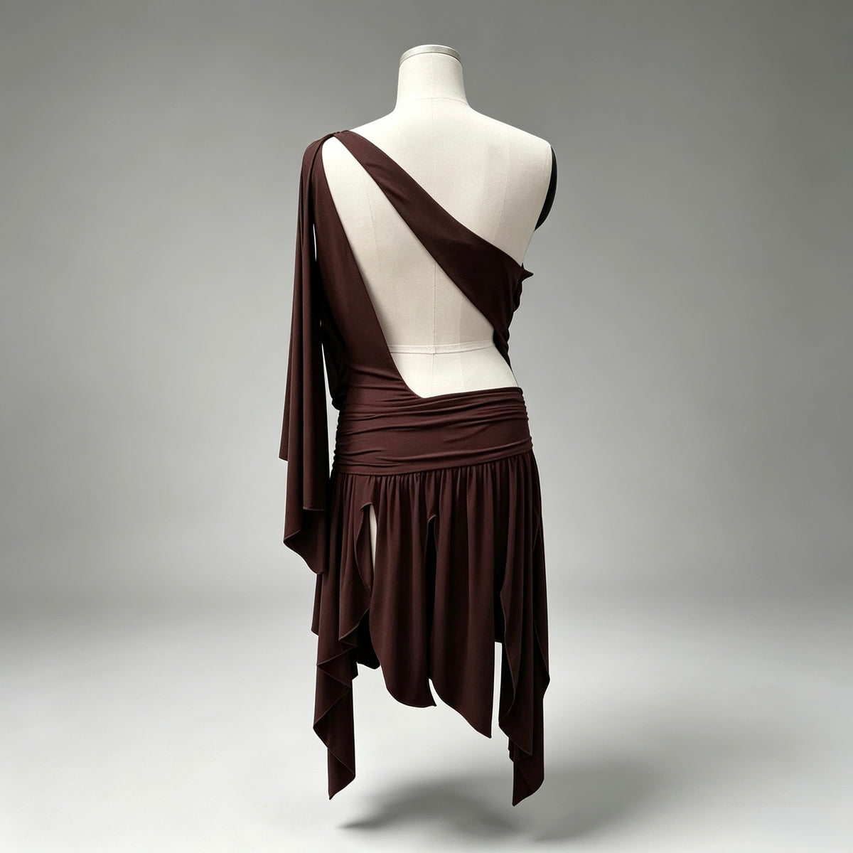 Chocolate Brown One‑Shoulder Backless Irregular Mini Dress, Party Night Out Dress