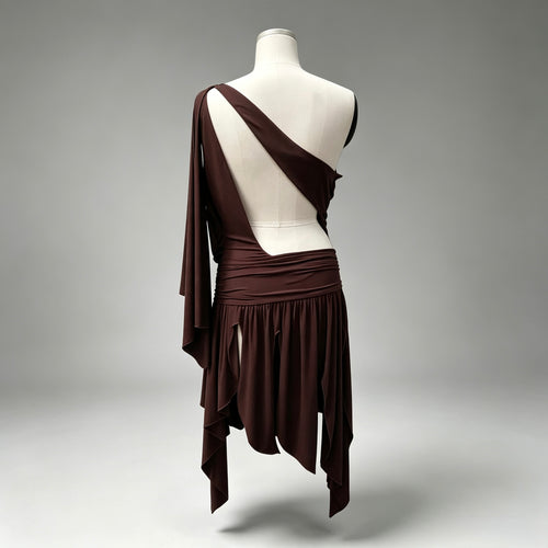Chocolate Brown One‑Shoulder Backless Irregular Mini Dress, Party Night Out Dress