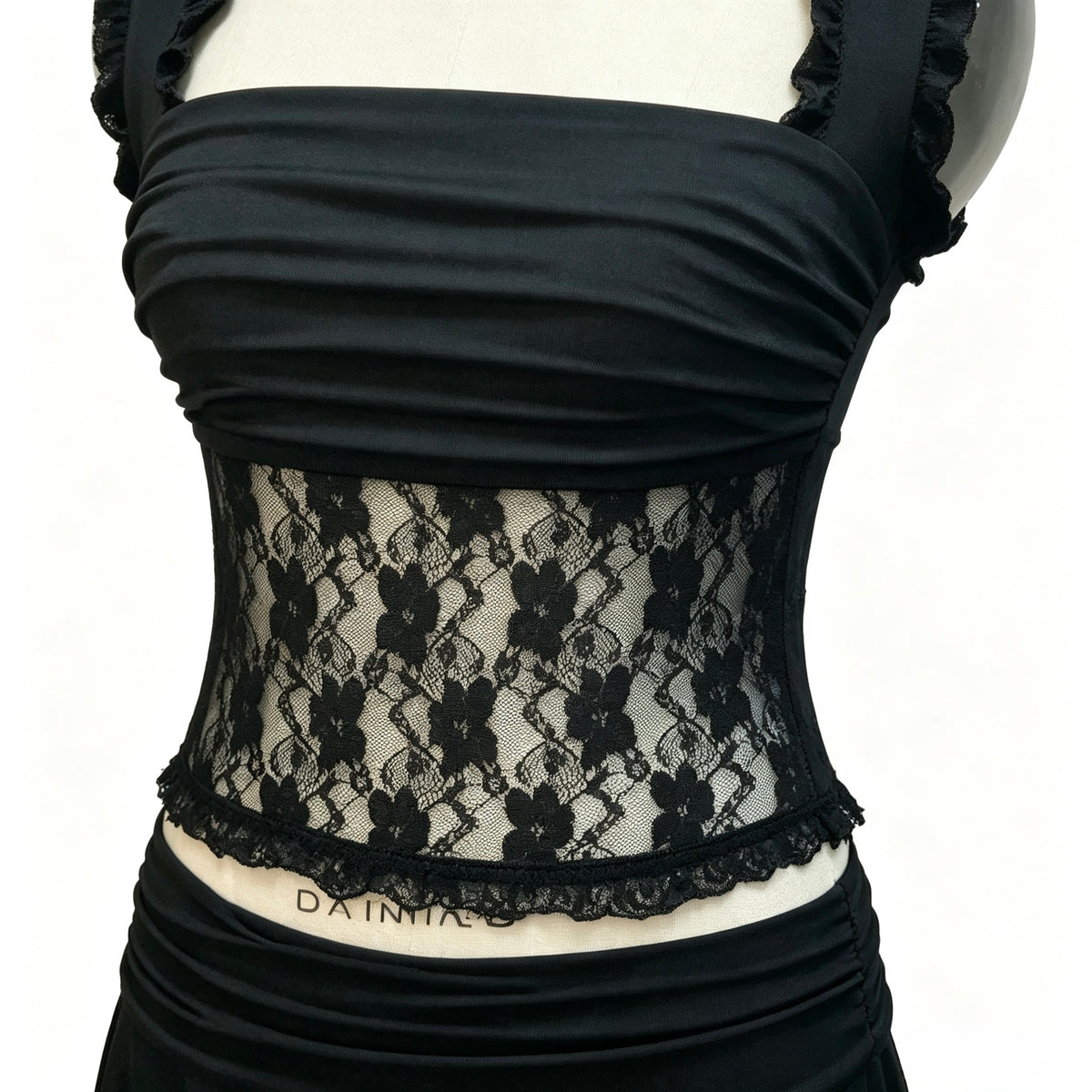 Black 2‑Piece Outfit, Ruched Square Neck Lace Top & Irregular Hem Mini Skirt Set