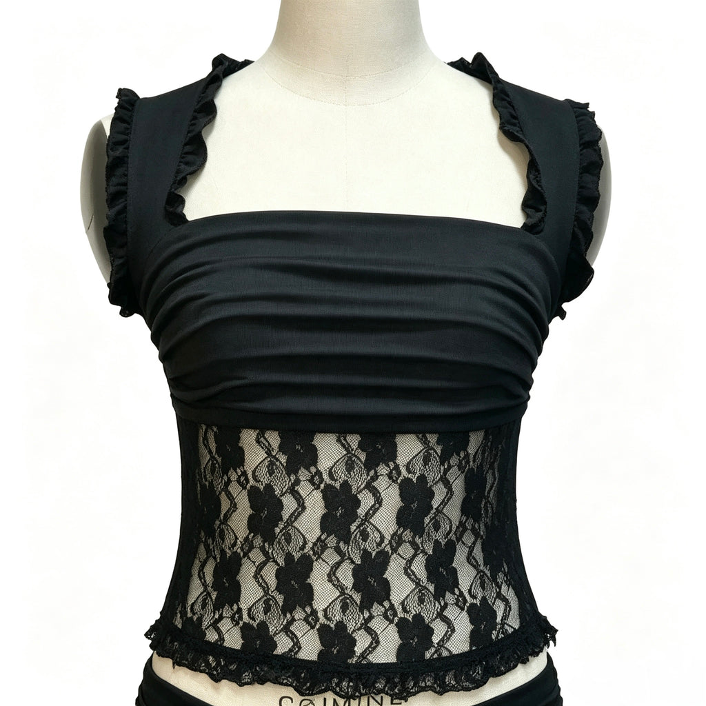 Black 2‑Piece Outfit, Ruched Square Neck Lace Top & Irregular Hem Mini Skirt Set