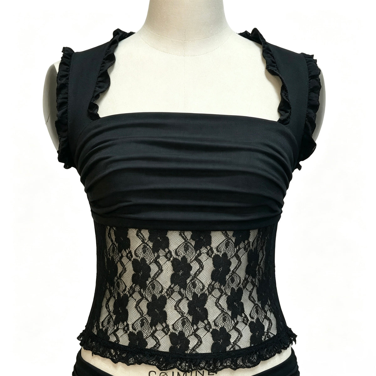Black 2‑Piece Outfit, Ruched Square Neck Lace Top & Irregular Hem Mini Skirt Set