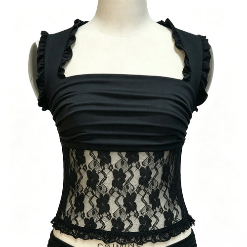 Black 2‑Piece Outfit, Ruched Square Neck Lace Top & Irregular Hem Mini Skirt Set
