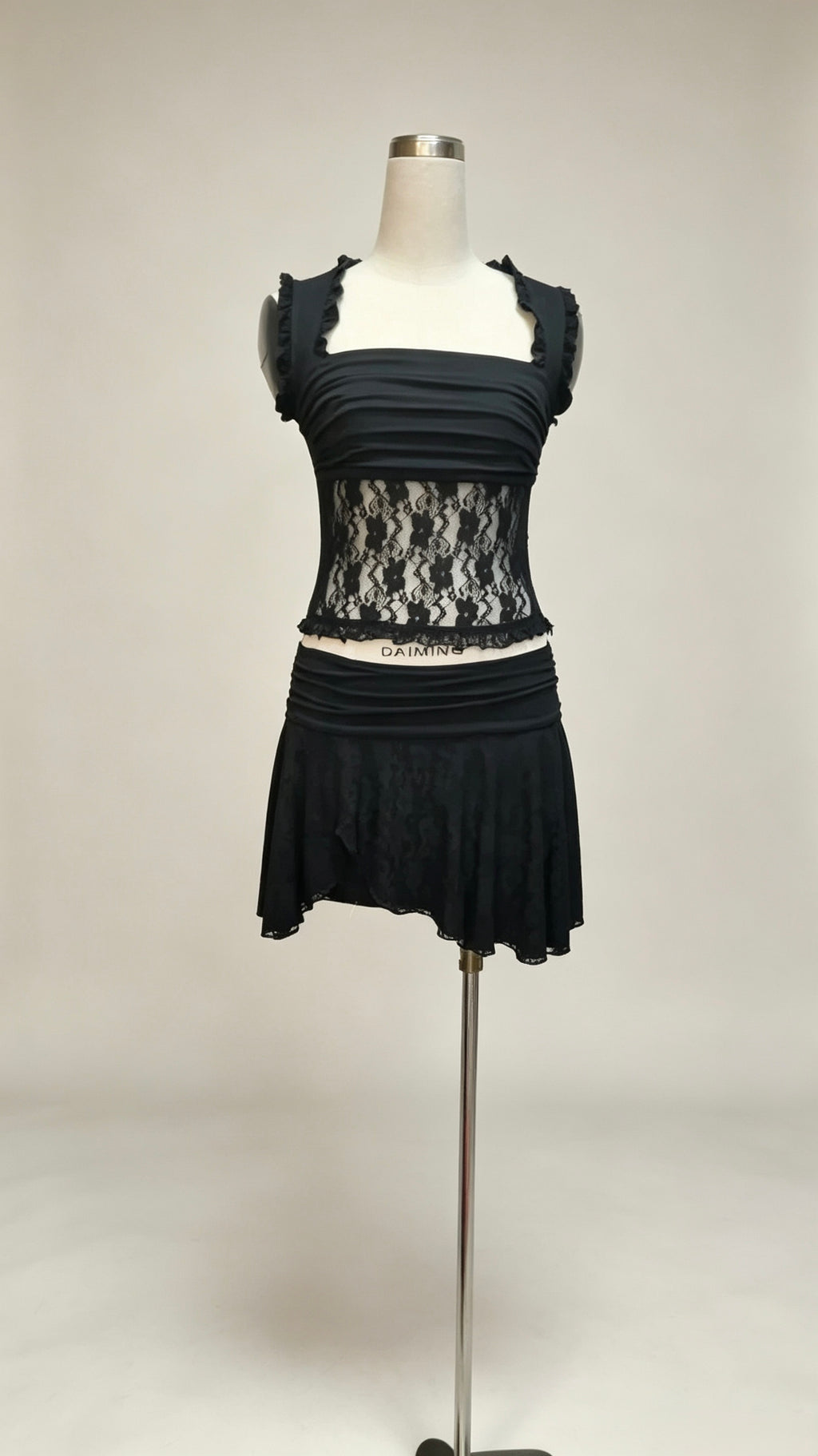 Black 2‑Piece Outfit, Ruched Square Neck Lace Top & Irregular Hem Mini Skirt Set