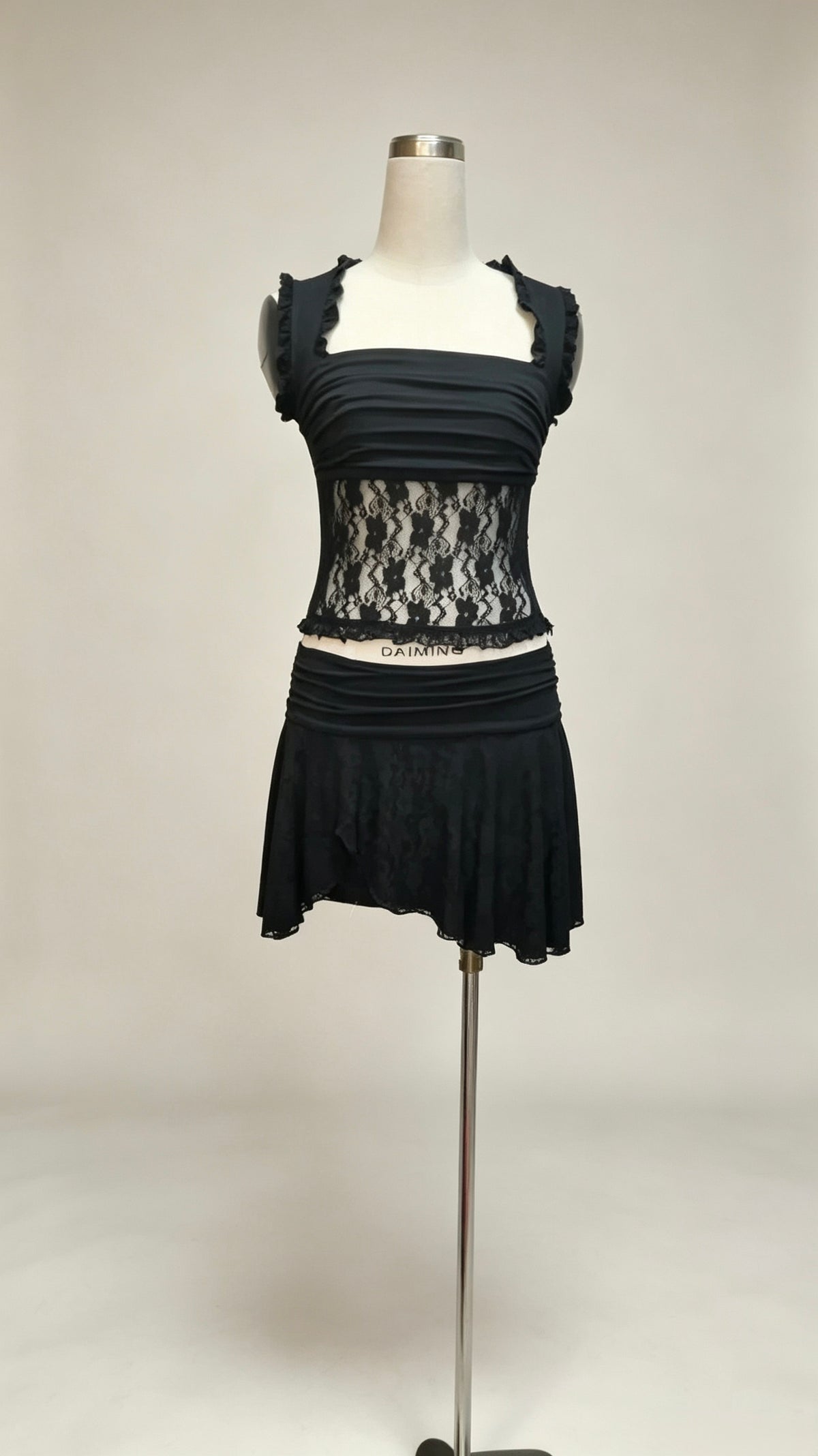 Black 2‑Piece Outfit, Ruched Square Neck Lace Top & Irregular Hem Mini Skirt Set