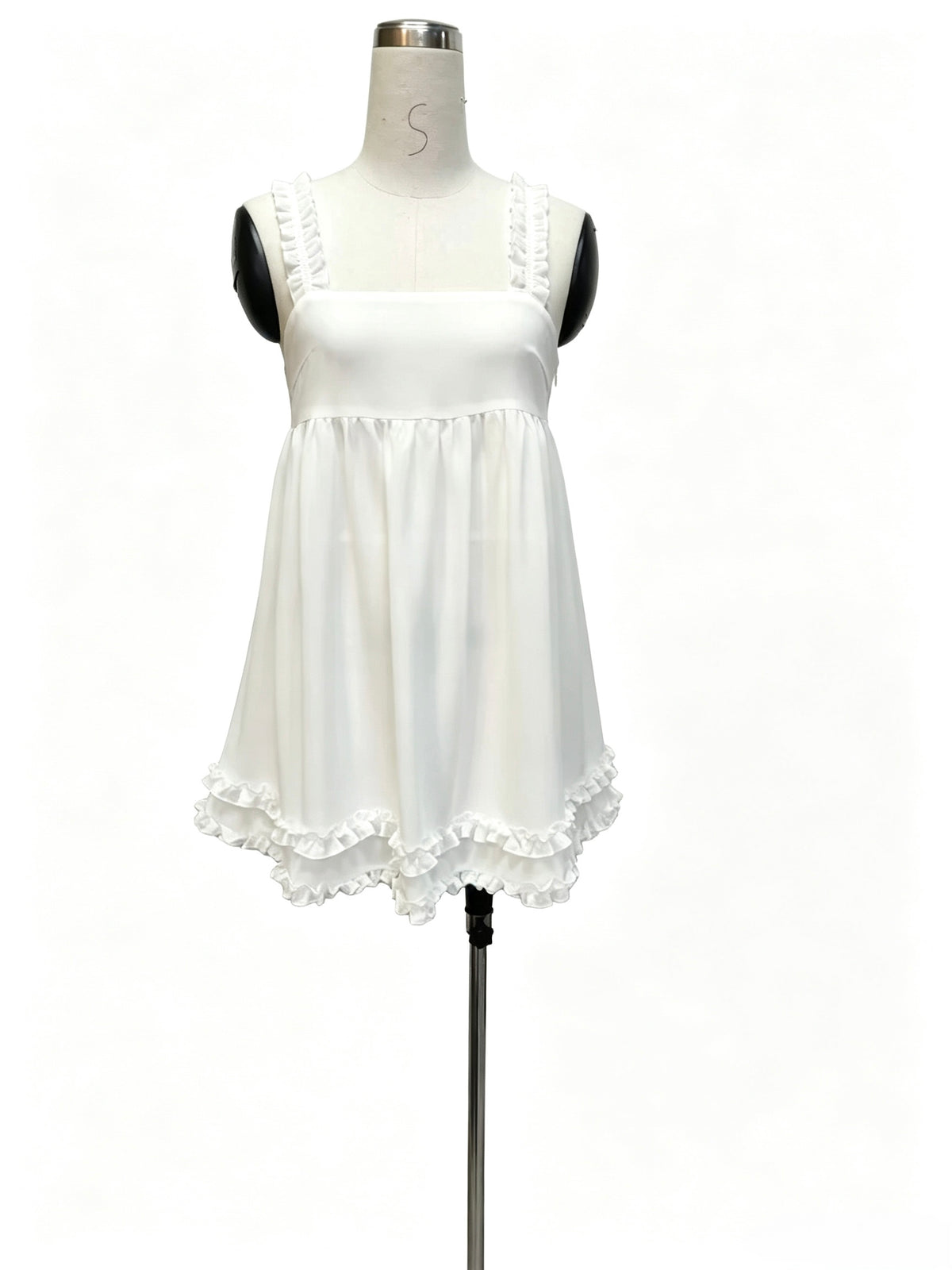 White Ruffle Strap Babydoll Mini Dress, Square Neck Flowy Short Dress for Women