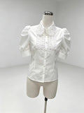 Wholesale White Lace Collar Blouse, Puff Short Sleeve Ruffled Shirt
