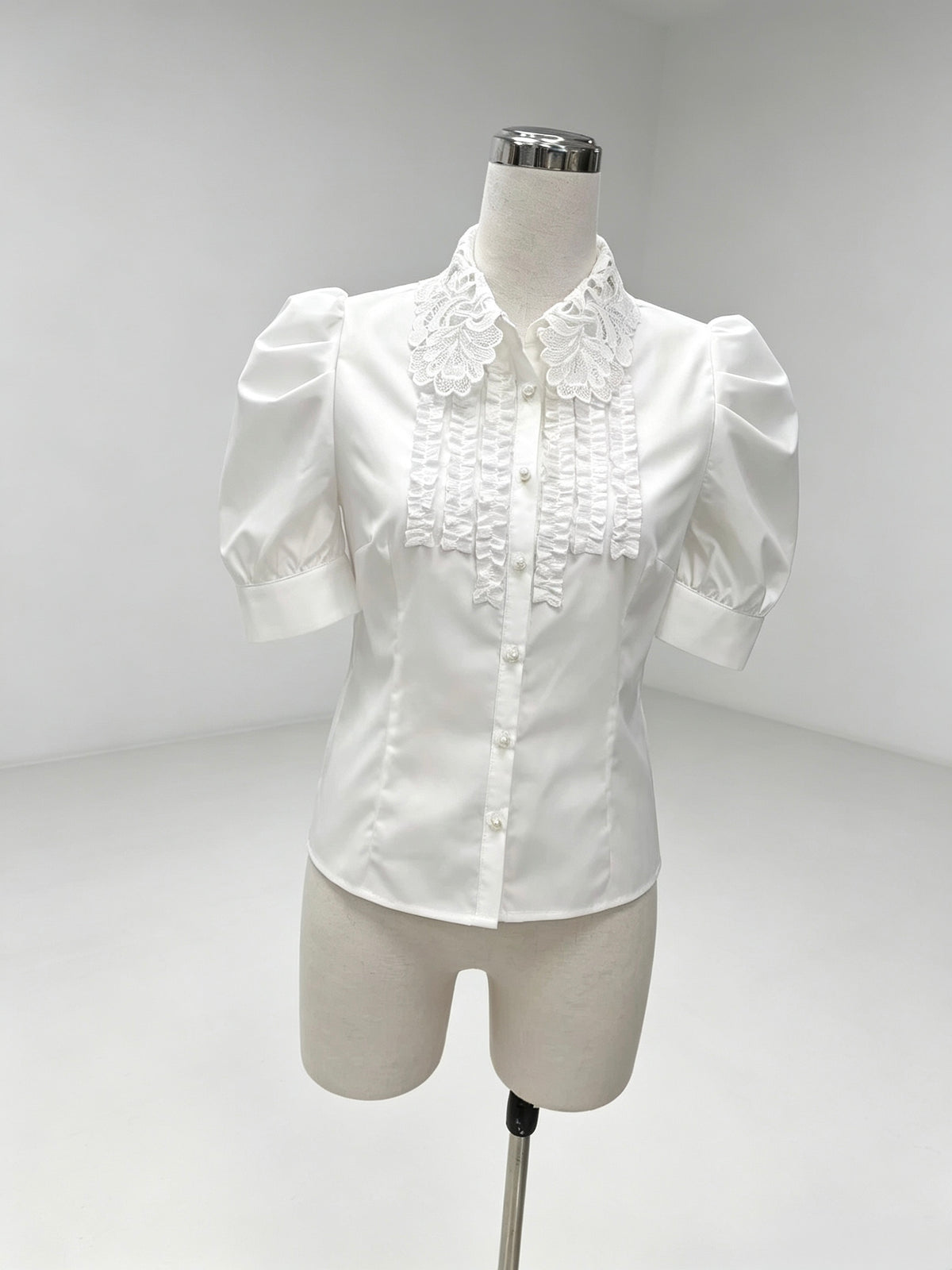 Wholesale White Lace Collar Blouse, Puff Short Sleeve Ruffled Shirt