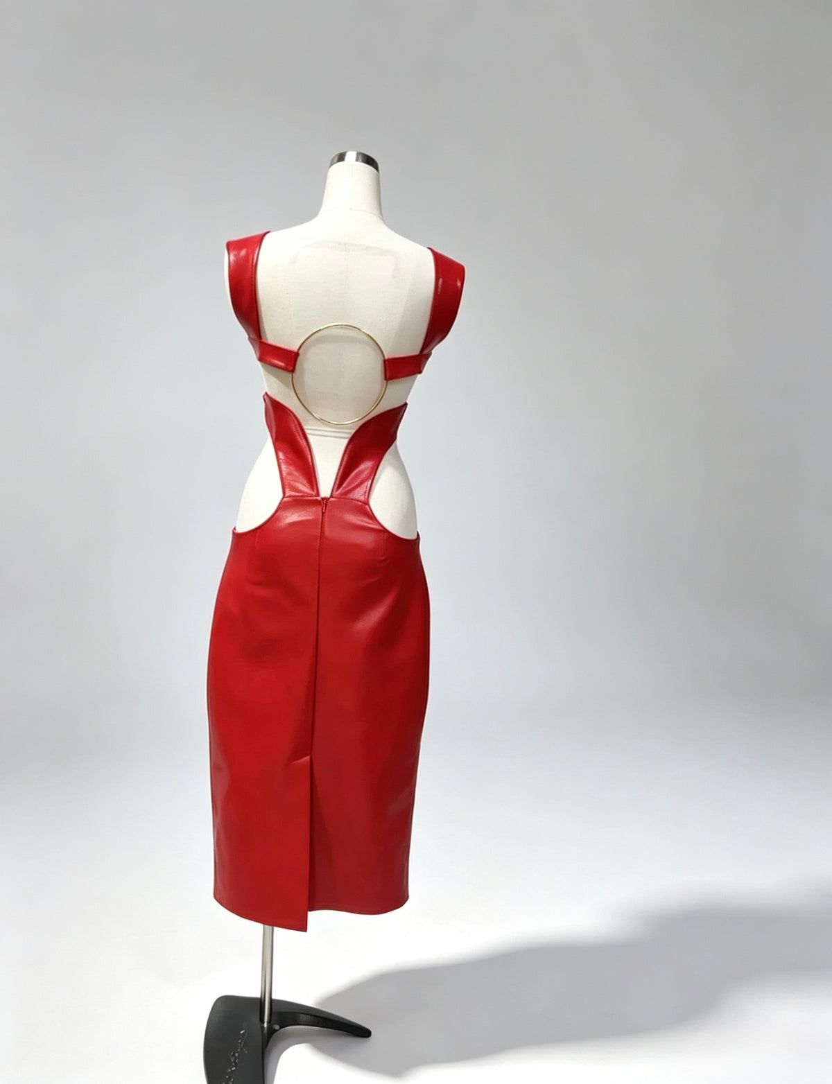 Red Faux Leather Cutout Midi Dress, Back Metal Ring Bodycon Party Dress